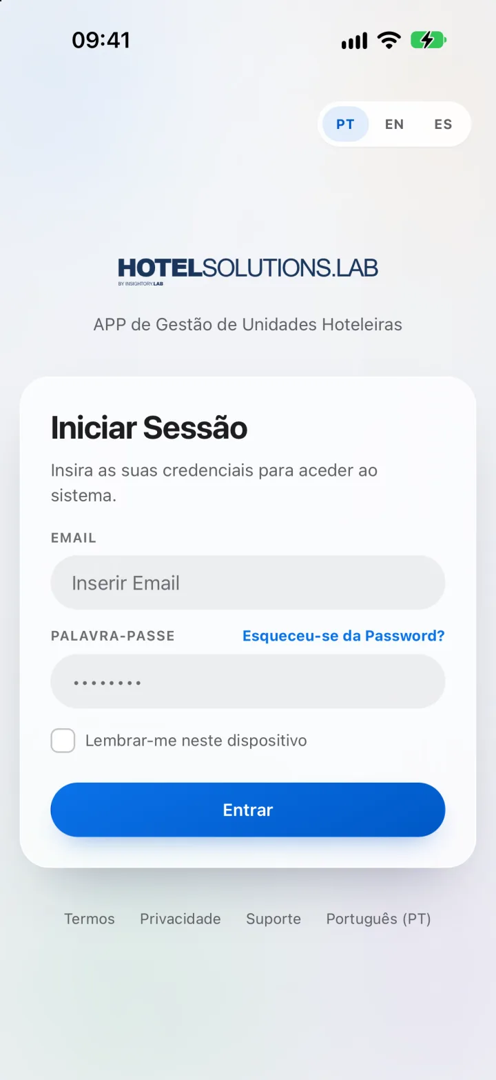 Ecrã de início de sessão da app